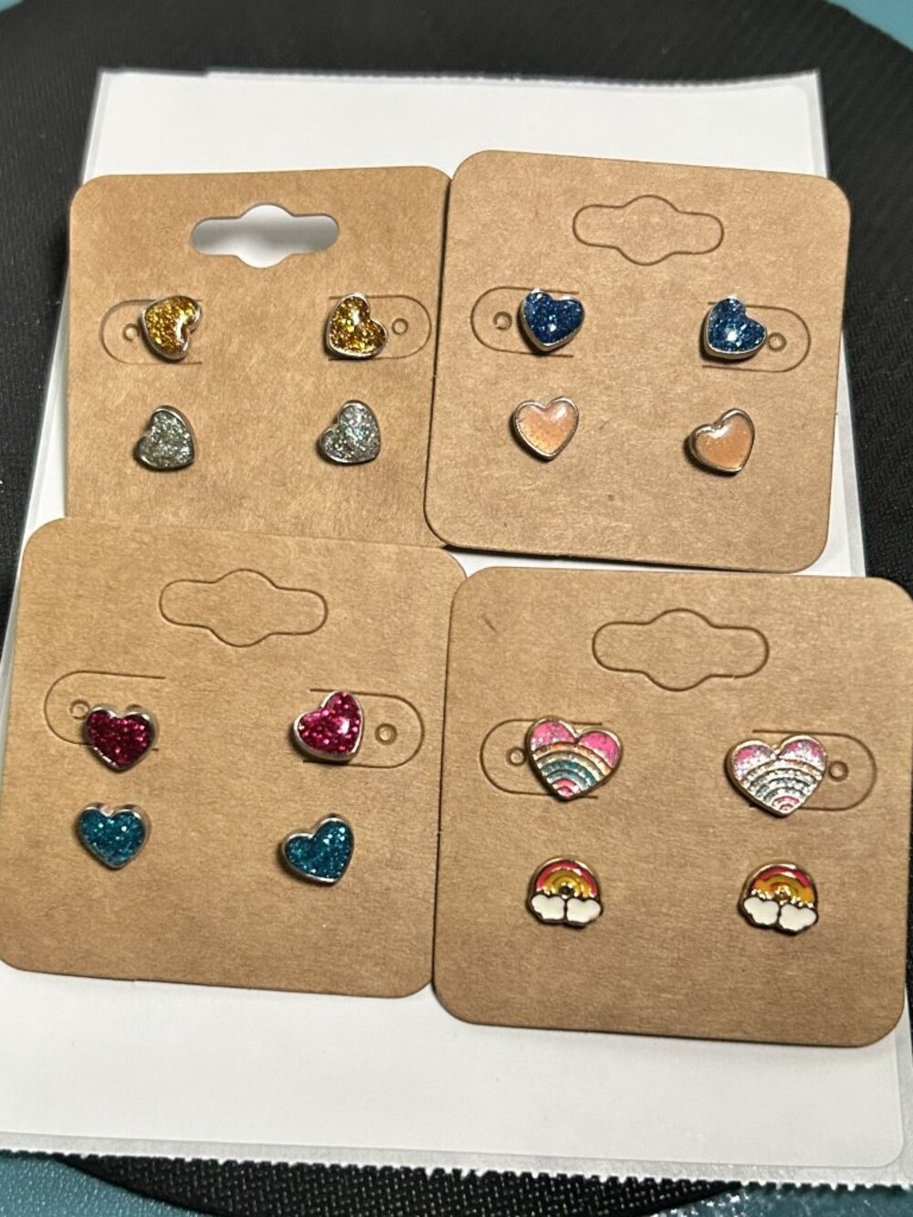 8 Pairs Glitter Heart & Rainbow Small Stud Earrings Set Bulk Lot